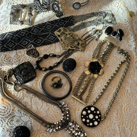 Black & Silver Vintage Necklace Collection Intricate jewelry Circa 1920s brooch